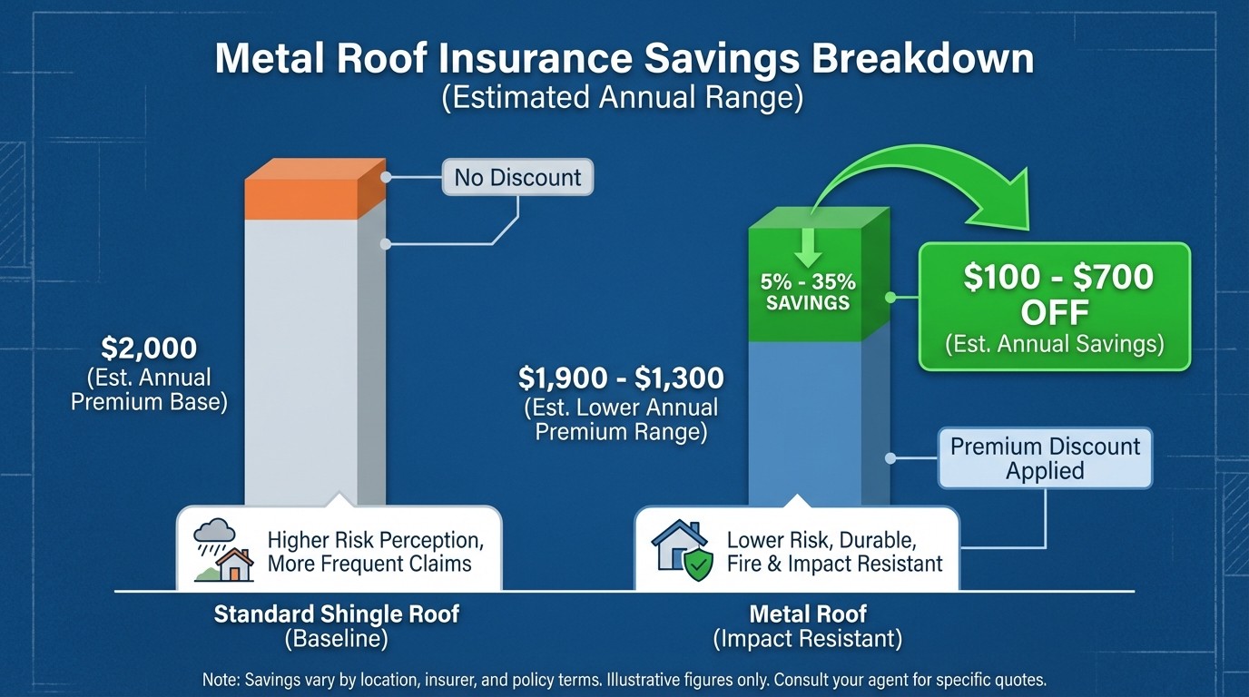 Metal roof insurance savings infographic showing annual discount ranges from 5% to 35%
