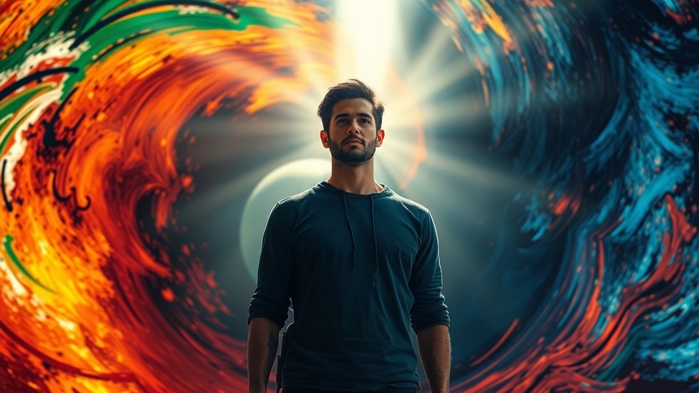 Person standing strong against swirling pressure.