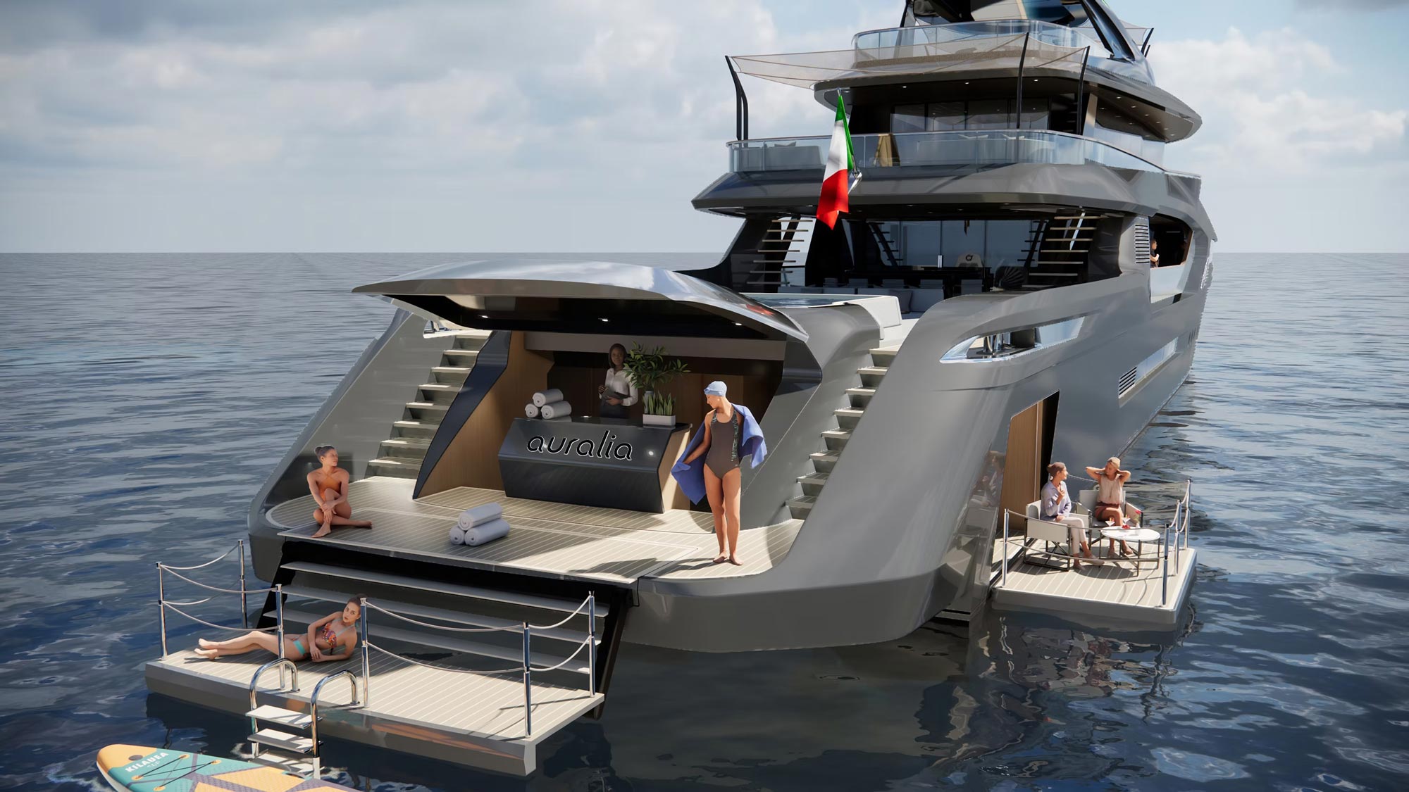 Photorealistic render of Gloss Design Auralia superyacht, rear deck detail view