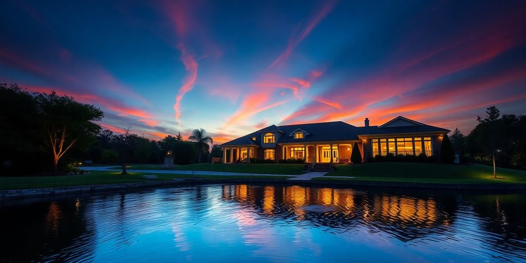 Twilight real estate photo showcasing a beautifully lit home.