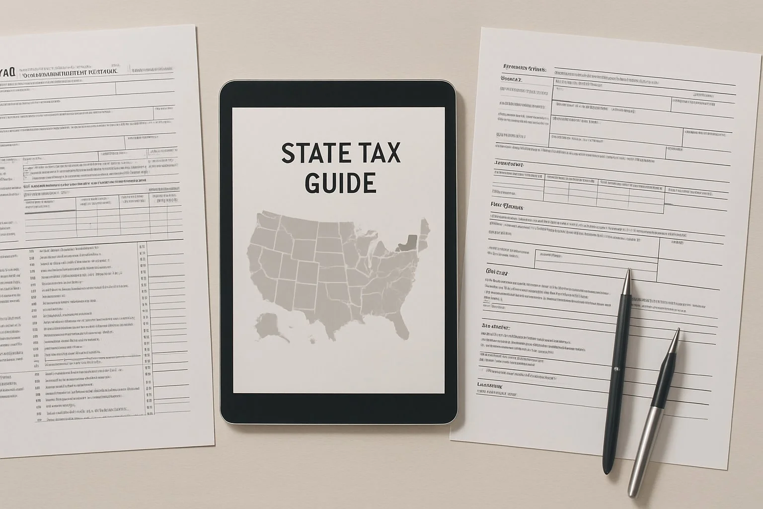 Overhead view of a professional workspace with tax forms, spreadsheets, pens, and a tablet displaying a state-by-state tax guide.