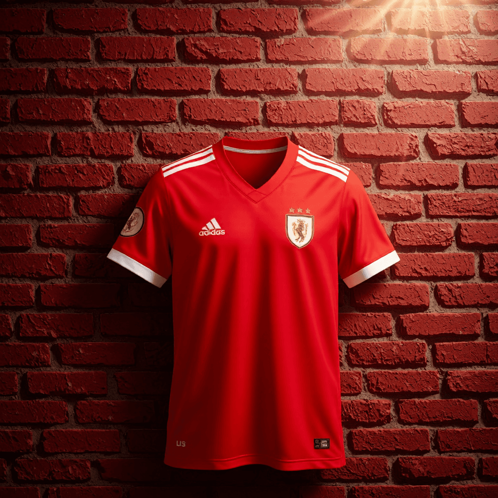 product photography of a red sports jersey with a logo and sponsor branding