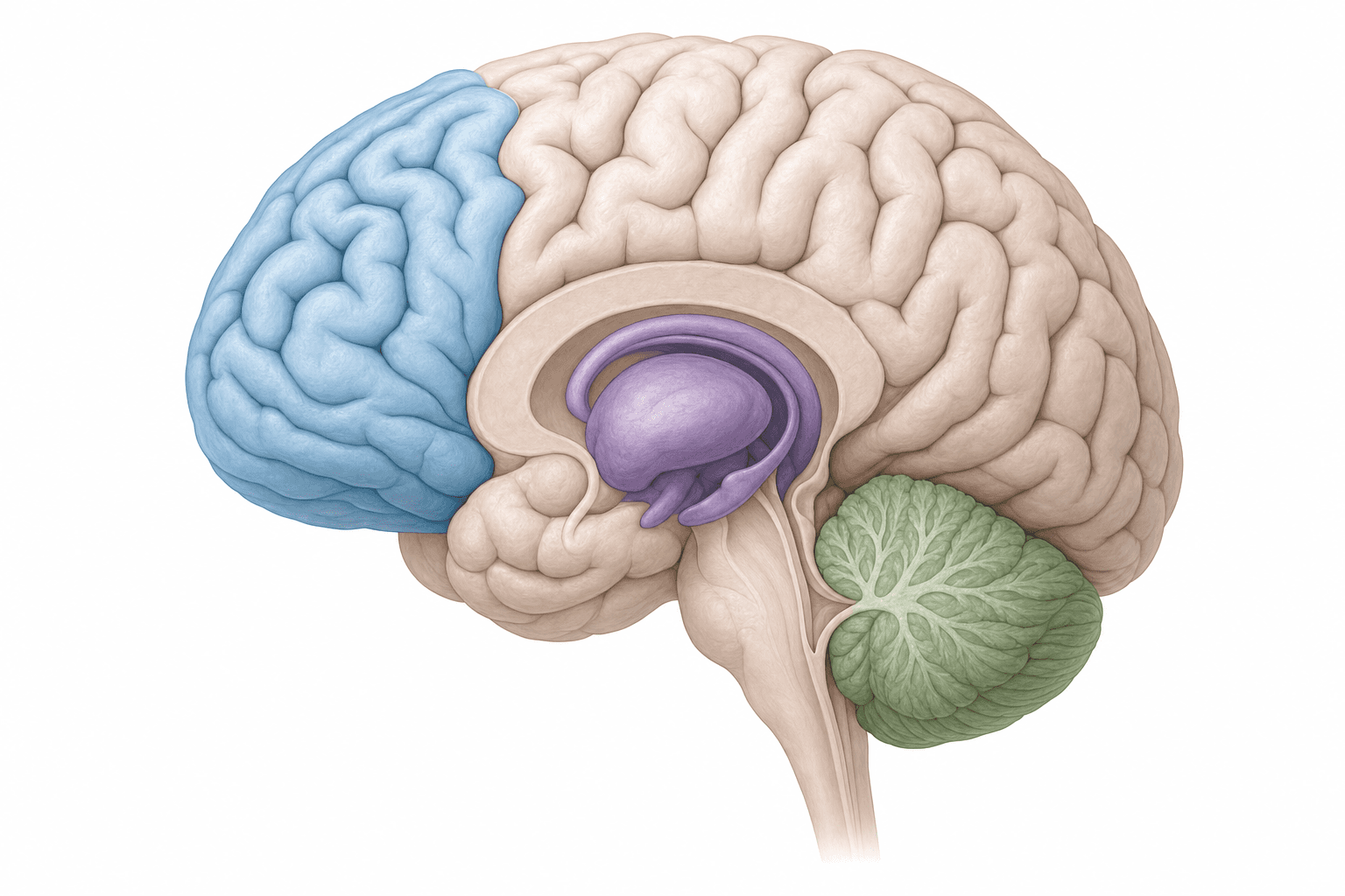 A clean, scientific illustration of a human brain in side profile view showing three highlighted regions: the prefrontal cortex at the front, the basal ganglia in the center, and the cerebellum at the back base. Use soft, distinct colors to differentiate each region. Medical illustration style, minimal background, professional and educational appearance.
