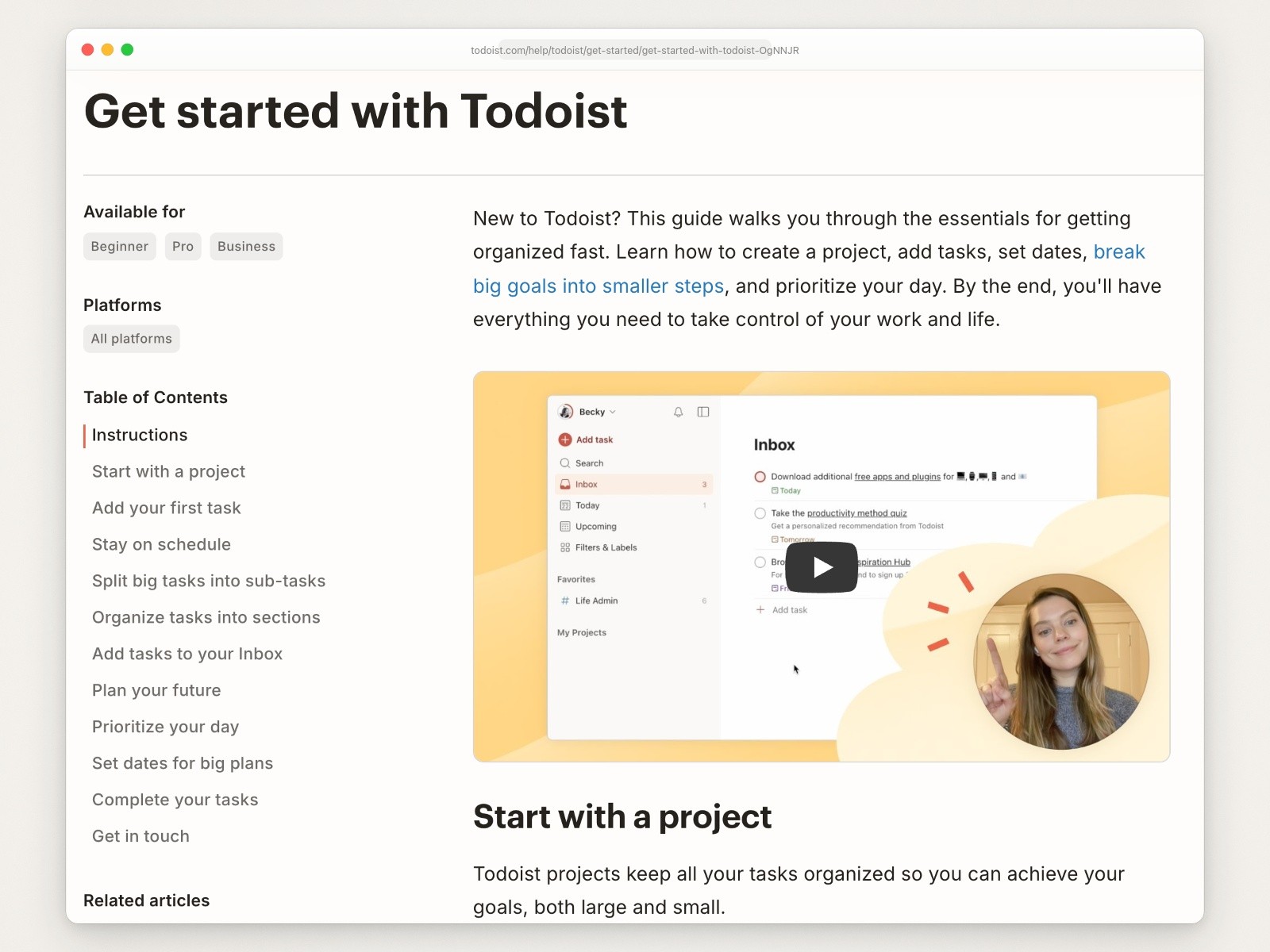 Todoist’s Get started with Todoist article with a side column of plan and platform tags and a table of contents, and a video still of the Todoist app with a play button