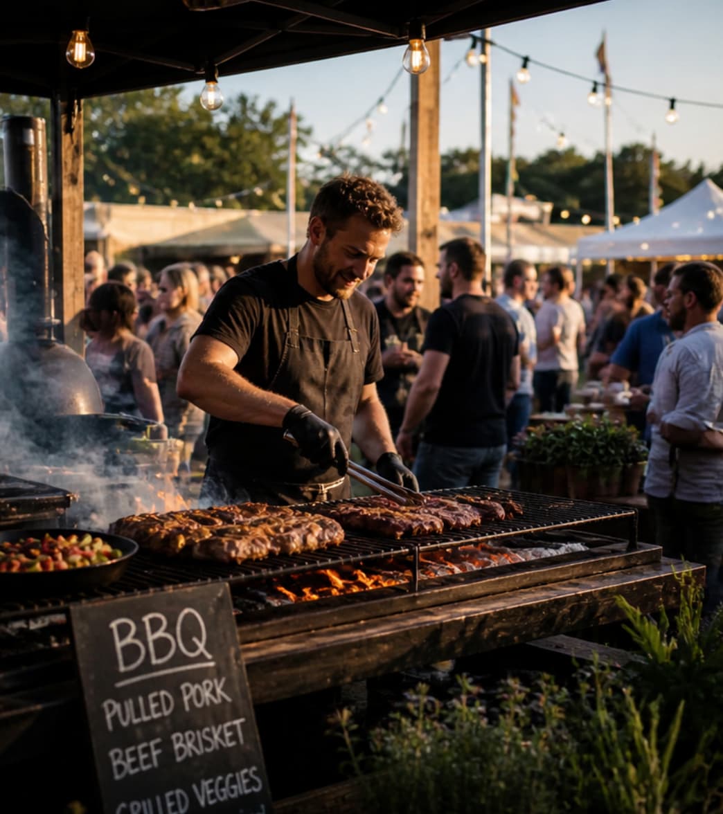 Chef bereidt gerechten op de barbecue tijdens levendig event met gasten in een ontspannen outdoor setting