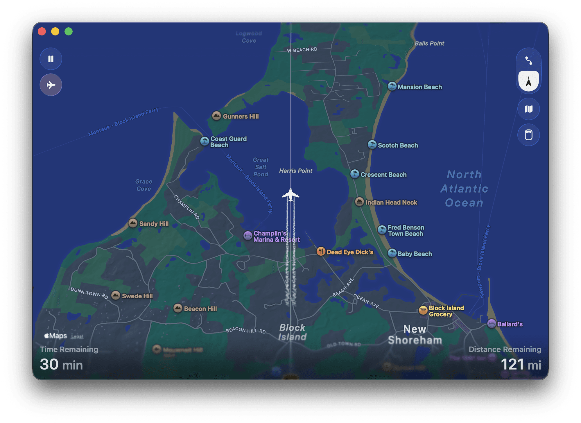 Shows FocusFlight’s in-timer page with the time remaining being on the bottom left. You can also see the airplanes progress on a map!