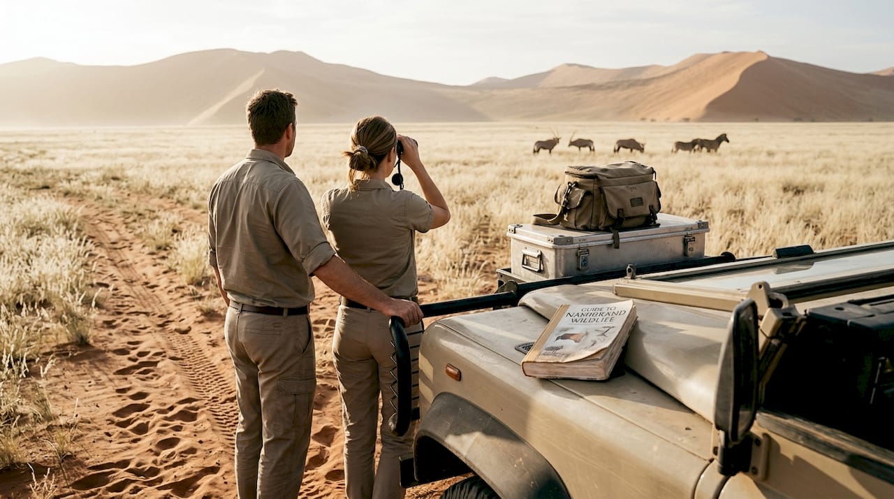 Safari guests watching wildlife in Namibia