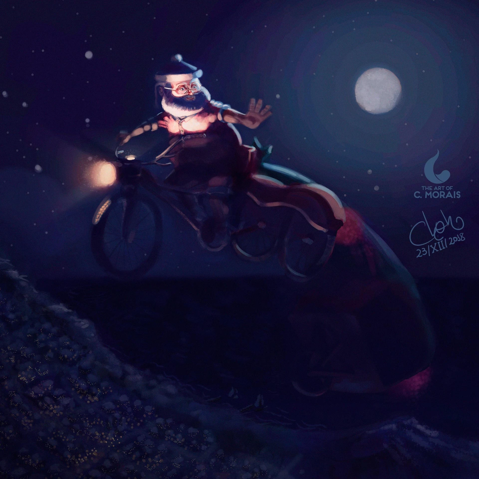 Signed 2018 illustration of Santa Austral riding through a moonlit delivery route.