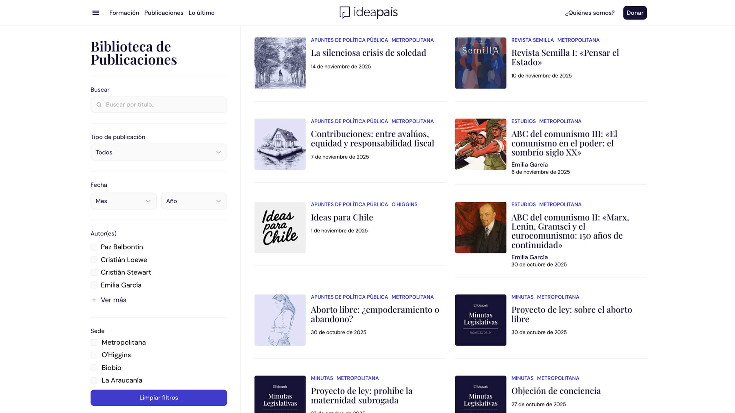 Diseño web desktop Ideapais sección Publicaciones