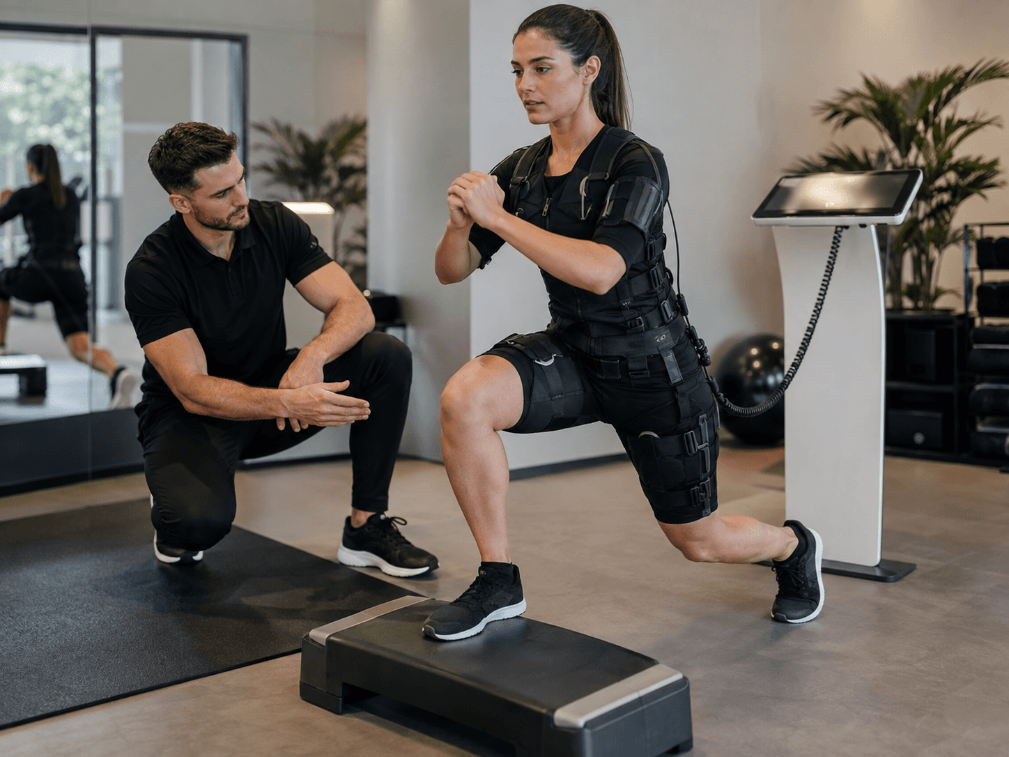 Participant performing a supervised Whole-Body EMS exercise session in a modern gym
