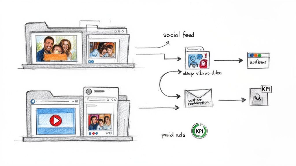 A hand-drawn diagram illustrating content marketing strategies, including social feed distribution, paid ads, and KPI tracking.