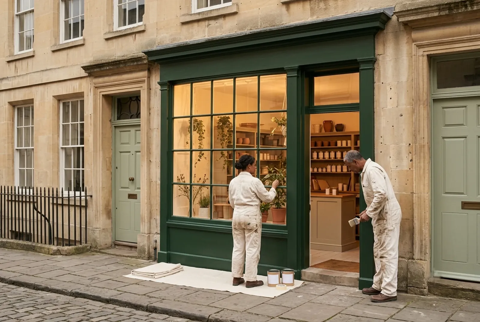 Two decorators painting a Georgian shopfront deep green on a Bath street