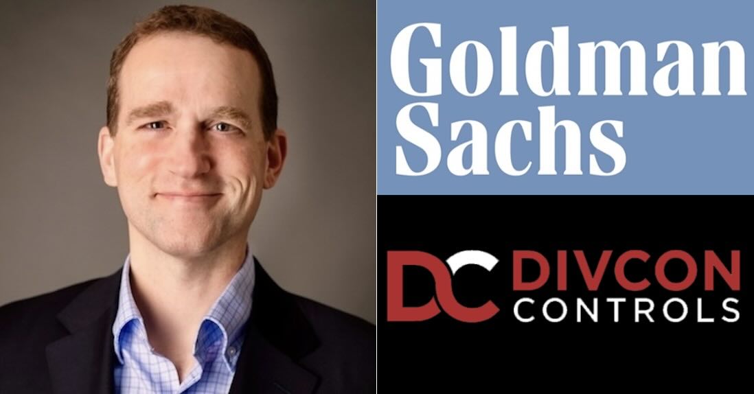 Portrait of a Goldman Sachs executive beside the Goldman Sachs and Divcon Controls logos