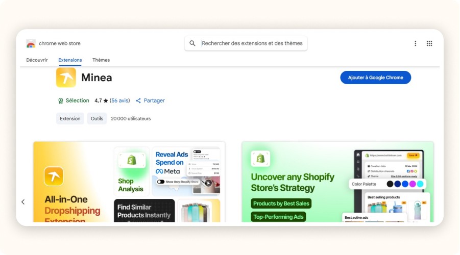 Page du Chrome Web Store présentant l’extension Minea