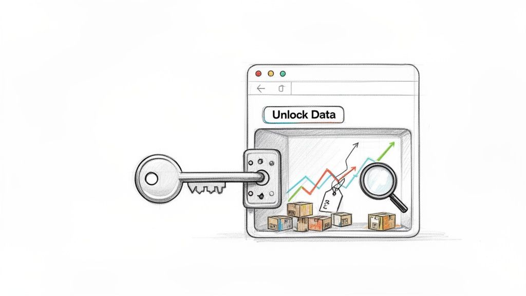 A key unlocking a browser with 'Unlock Data', charts, product boxes, and a magnifying glass.