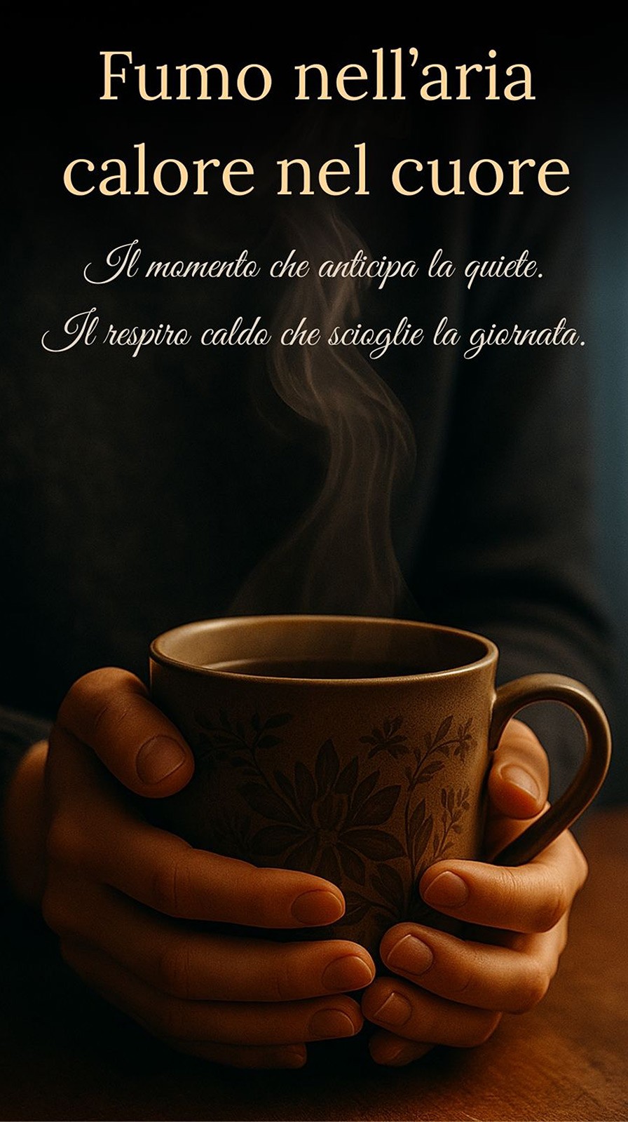 Mani che stringono una tazza calda, immagine per micro-narrazione visiva su rituali quotidiani e calore.