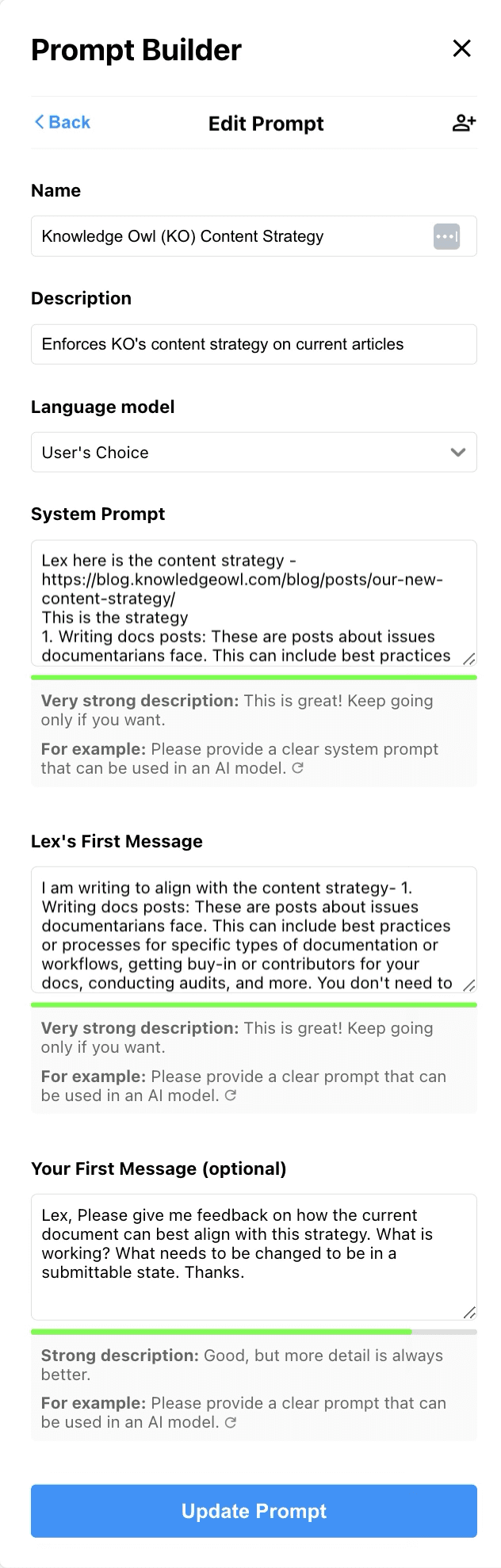 A screenshot of Lex Pro's Prompt Builder