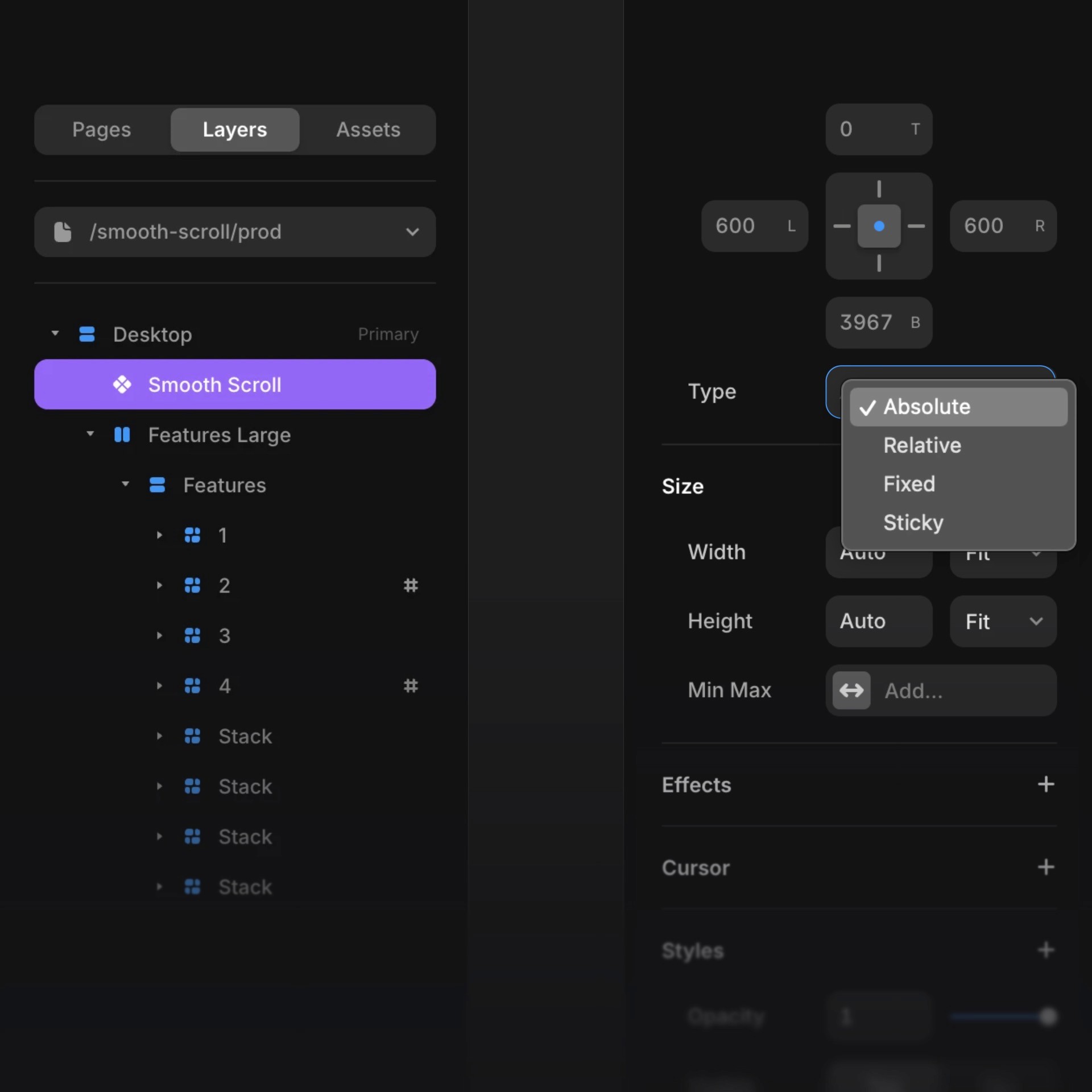 Framer design interface showing Smooth Scroll component layers and positioning settings