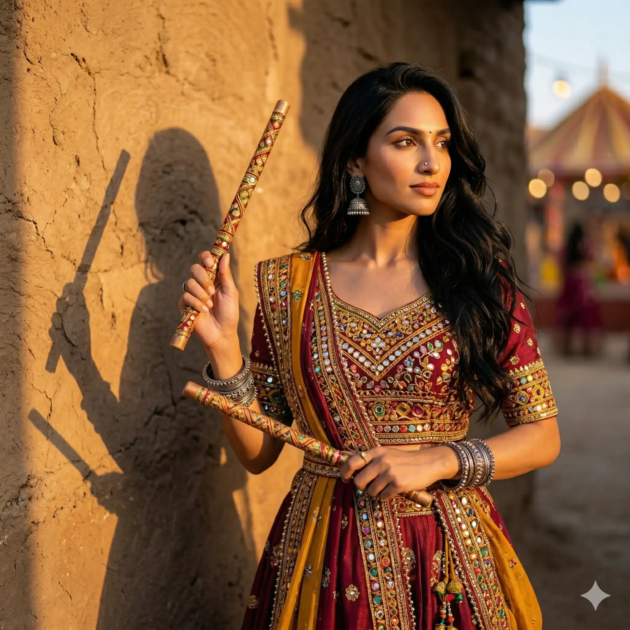 AI-generated cultural portrait of an Indian woman in a maroon mirror-work lehenga holding wooden dandiya sticks during golden hour next to a rustic wall. Created for the AI portfolio of Mahendra R.