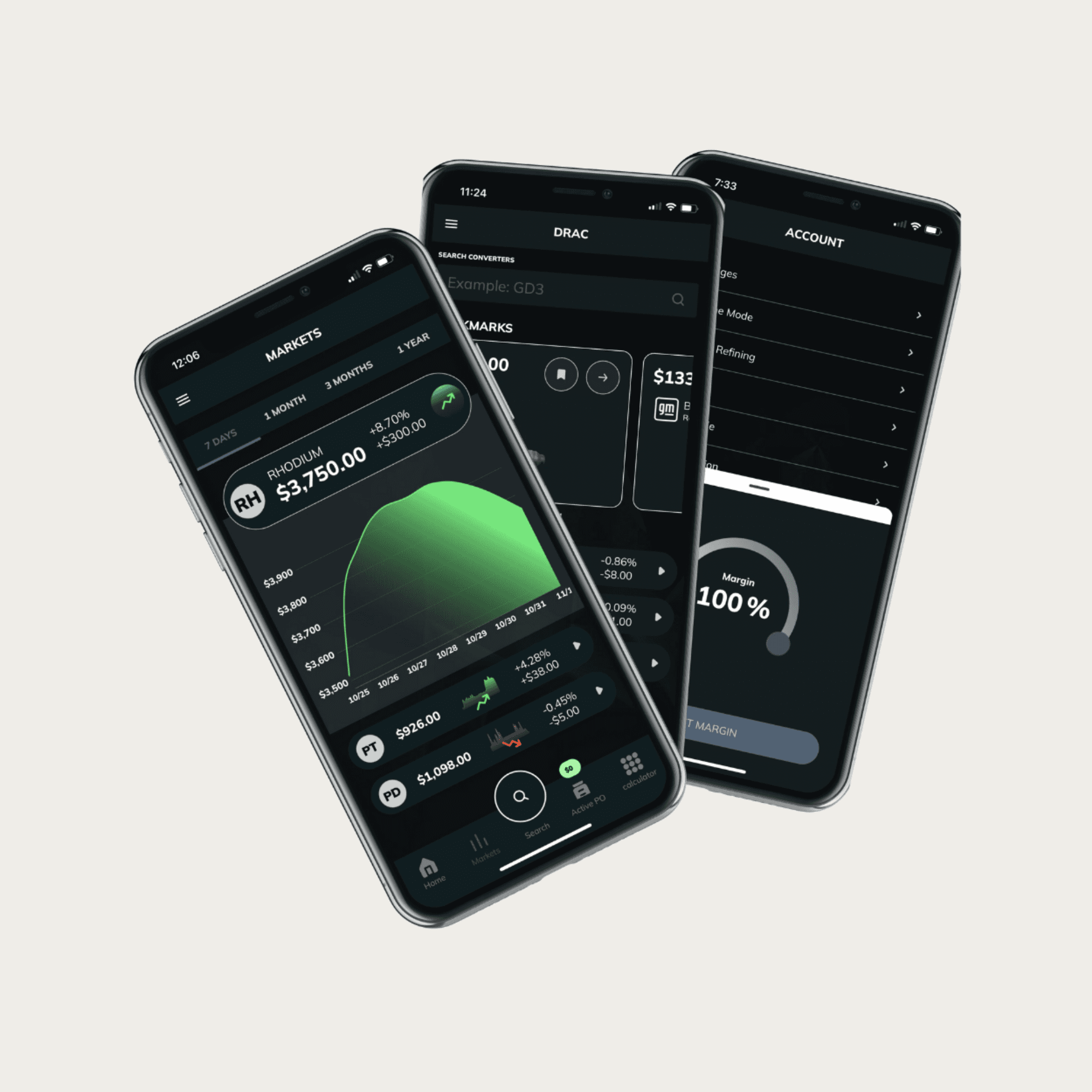 Redesigned visual system applied across search, market data, and account screens.