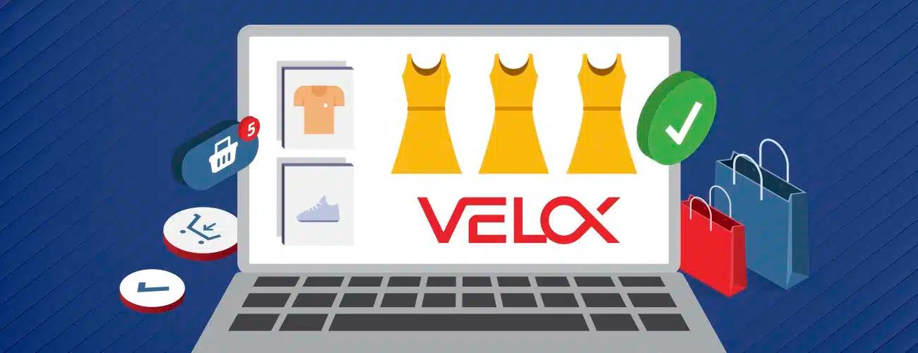 A graphic displaying a laptop screen with various apparel and shopping bags