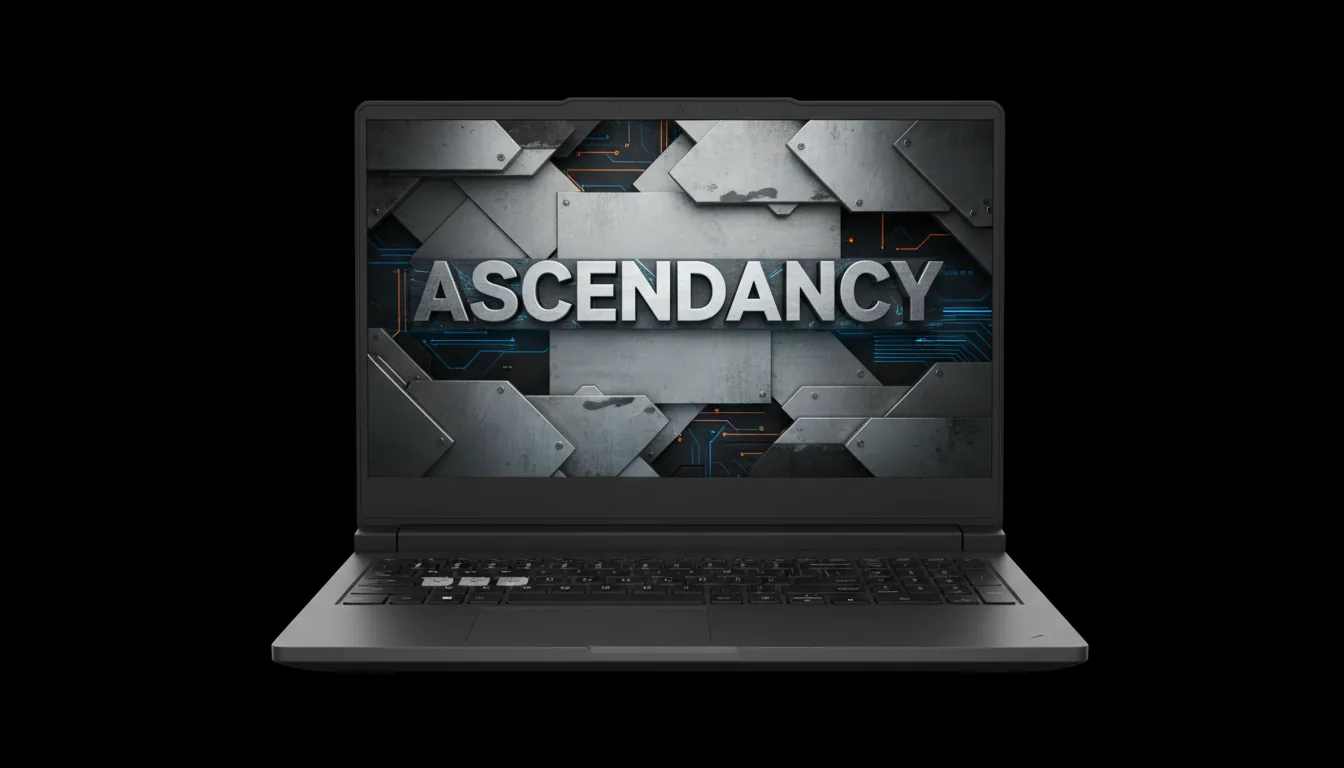 DSLR product shot of a dark gray gaming laptop, open and centered against a solid black background. The laptop is evenly lit with soft studio lighting, highlighting its matte texture. The screen displays a high-contrast industrial wallpaper with large, stylized, silver block letters across geometric brushed-metal plates. Hyper-detailed, sharp focus, clean commercial aesthetic.