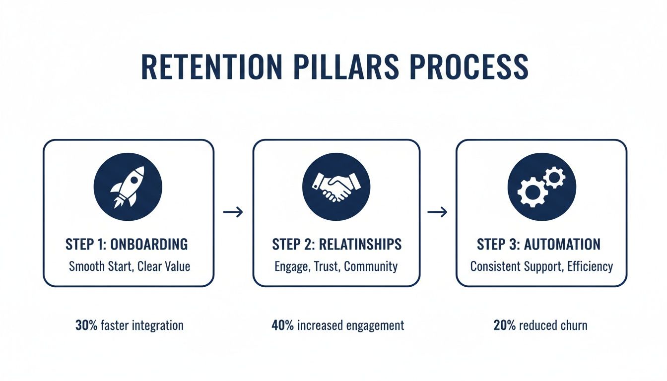 A diagram illustrating a 3-step customer retention process: onboarding, relationships, and automation, with benefits.