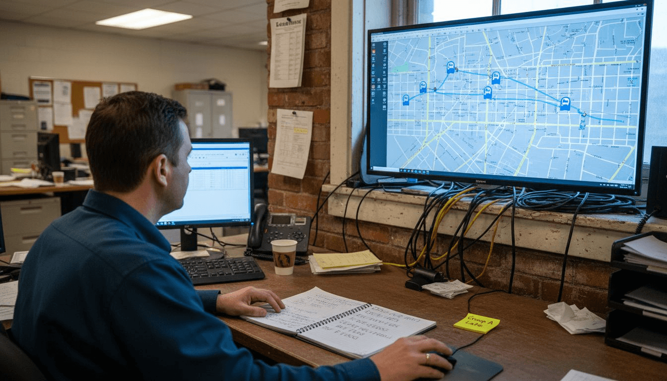Dispatcher tracking fleet vehicles on GPS map