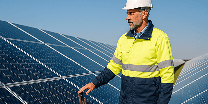 Engineer inspecting large solar array