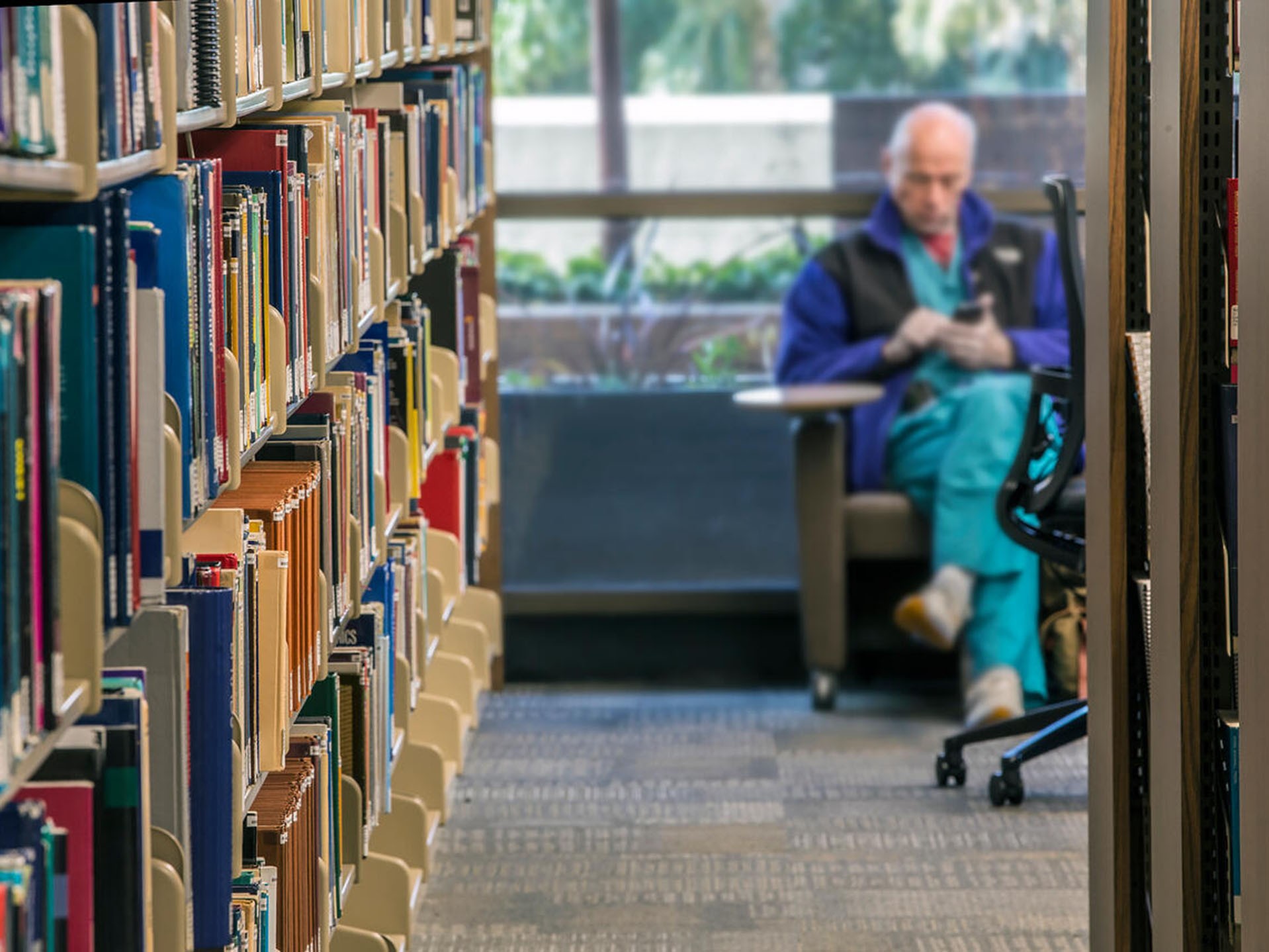 Person reading in a quiet library setting