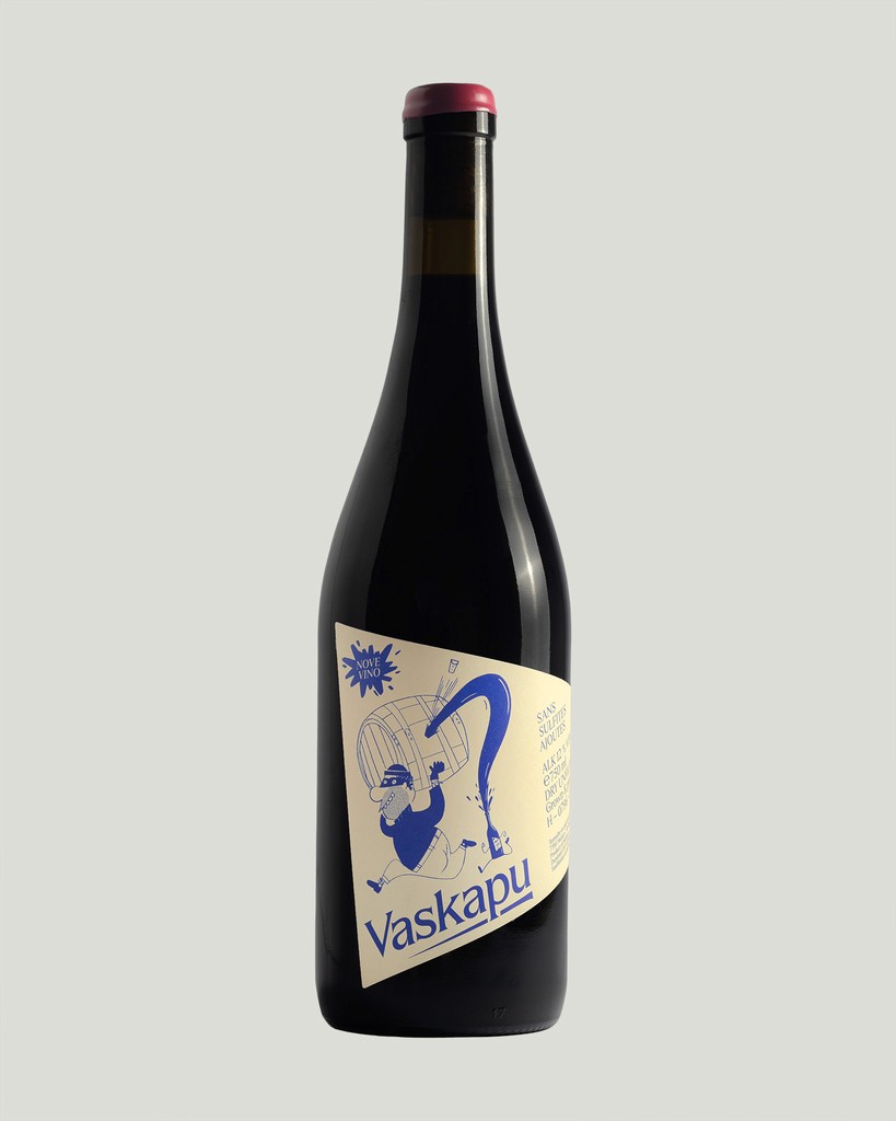Two Vaskapu wines photographed on a light background, showing Marcell Kazsik’s label design that merges modernist typography with expressive colour — a key element of the winery’s updated visual identity.