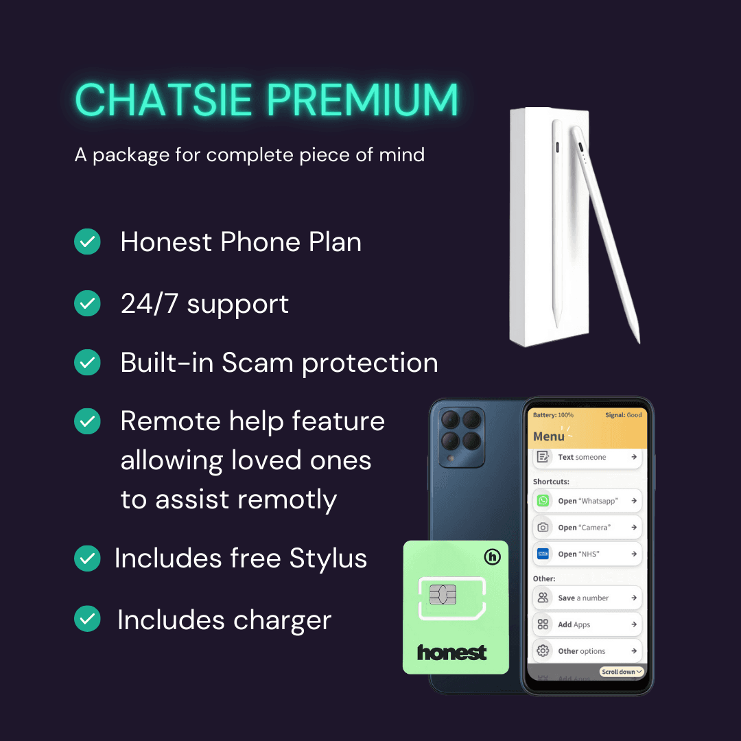 Black phone case with yellow label, charger, cable, sim card tool, and stylus on a white background