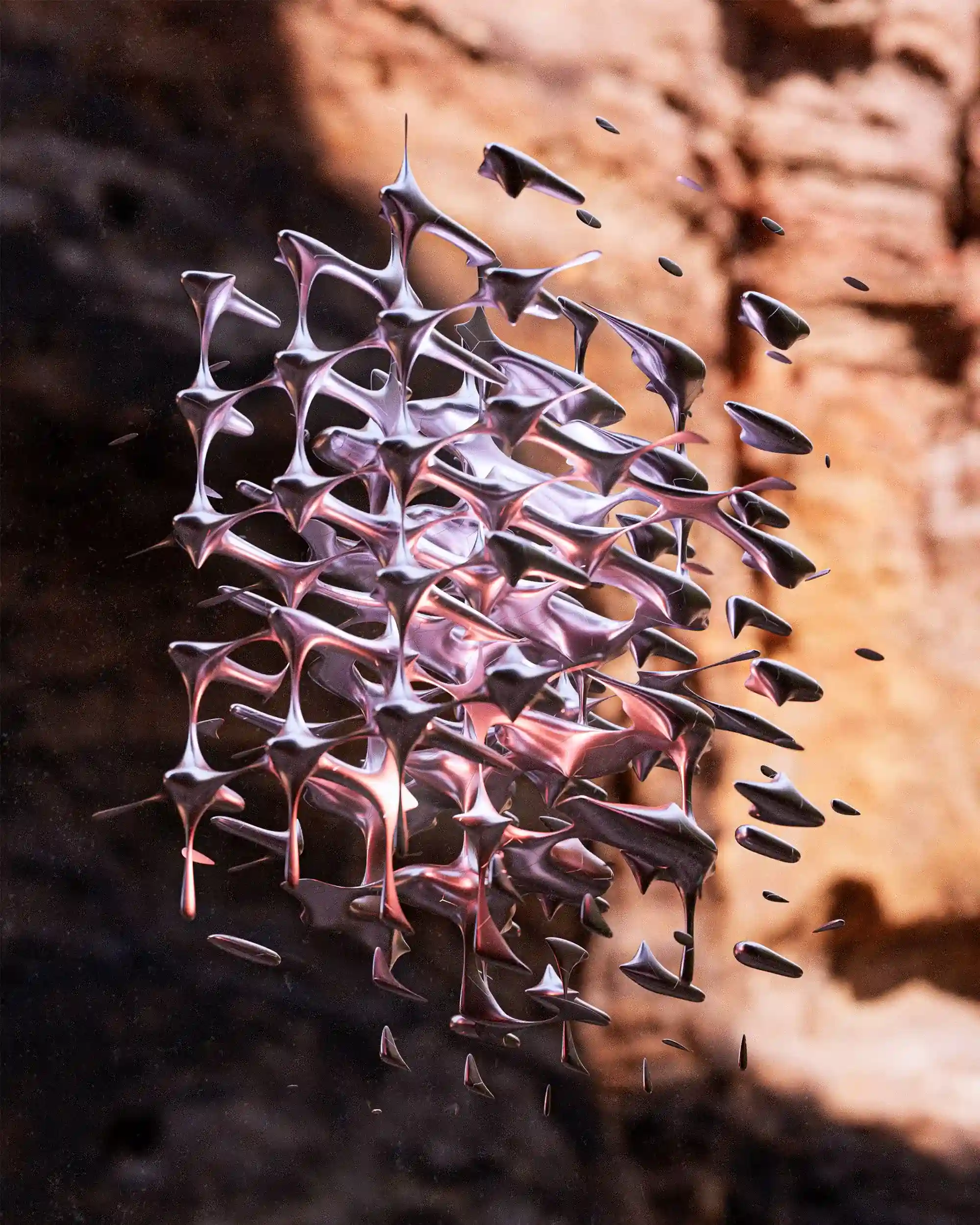 Abstract metallic grid-shaped artefact floating in front of a rock wall