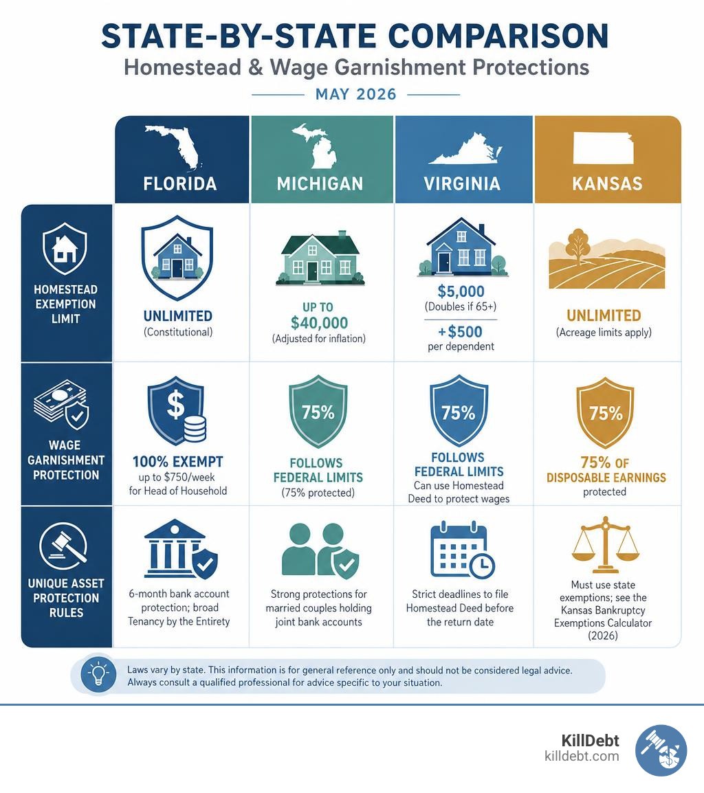 Infographic comparing wage and homestead protection levels across different states infographic