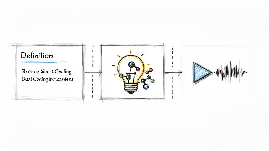 A conceptual diagram showing information flow from definition to idea (lightbulb with molecules) and sound output.