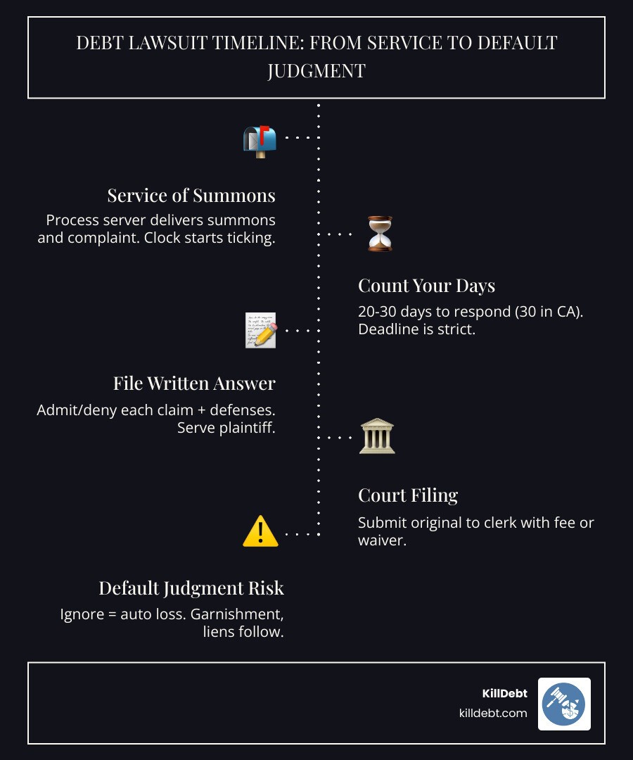Debt lawsuit timeline infographic from service of summons to default judgment infographic
