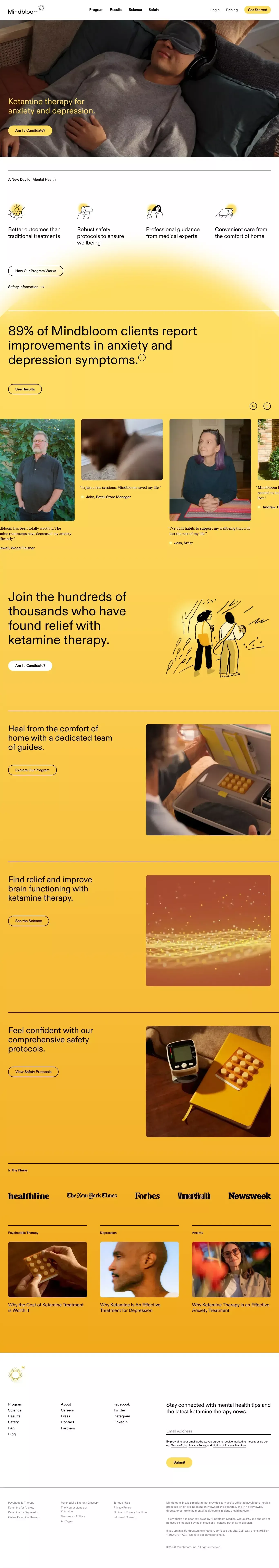 Mindbloom: ketamine therapy for anxiety landing page screenshot showcasing Medical and Tech design