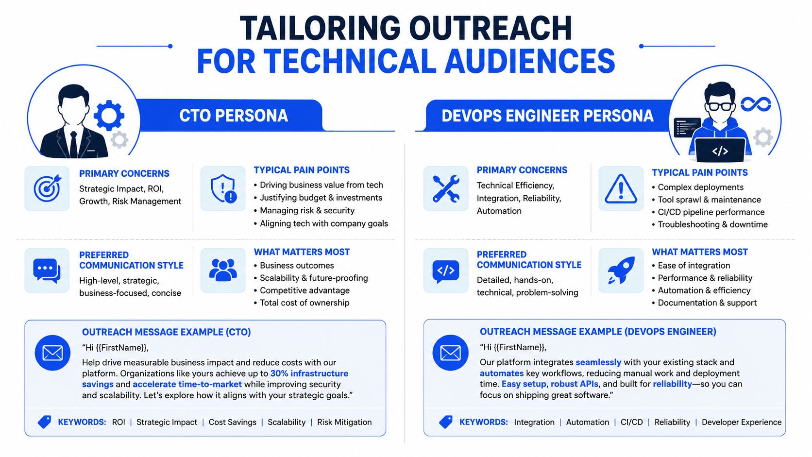 An infographic comparing communication strategies for CTO and DevOps engineer personas to improve B2B technical outreach.