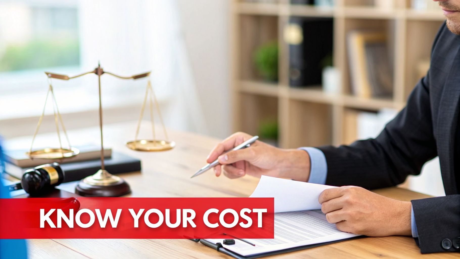 A lawyer at a desk with legal documents, scales of justice, and a banner reading 'KNOW YOUR COST'.