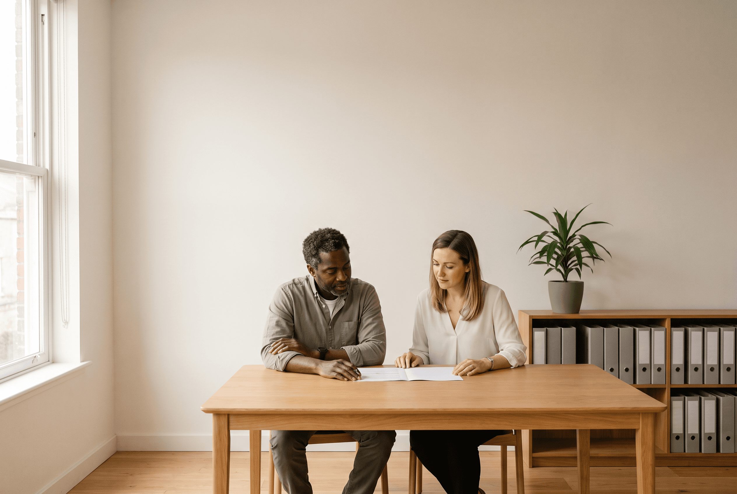 A small business owner and the person who runs HR reviewing a health plan statement together at an office table