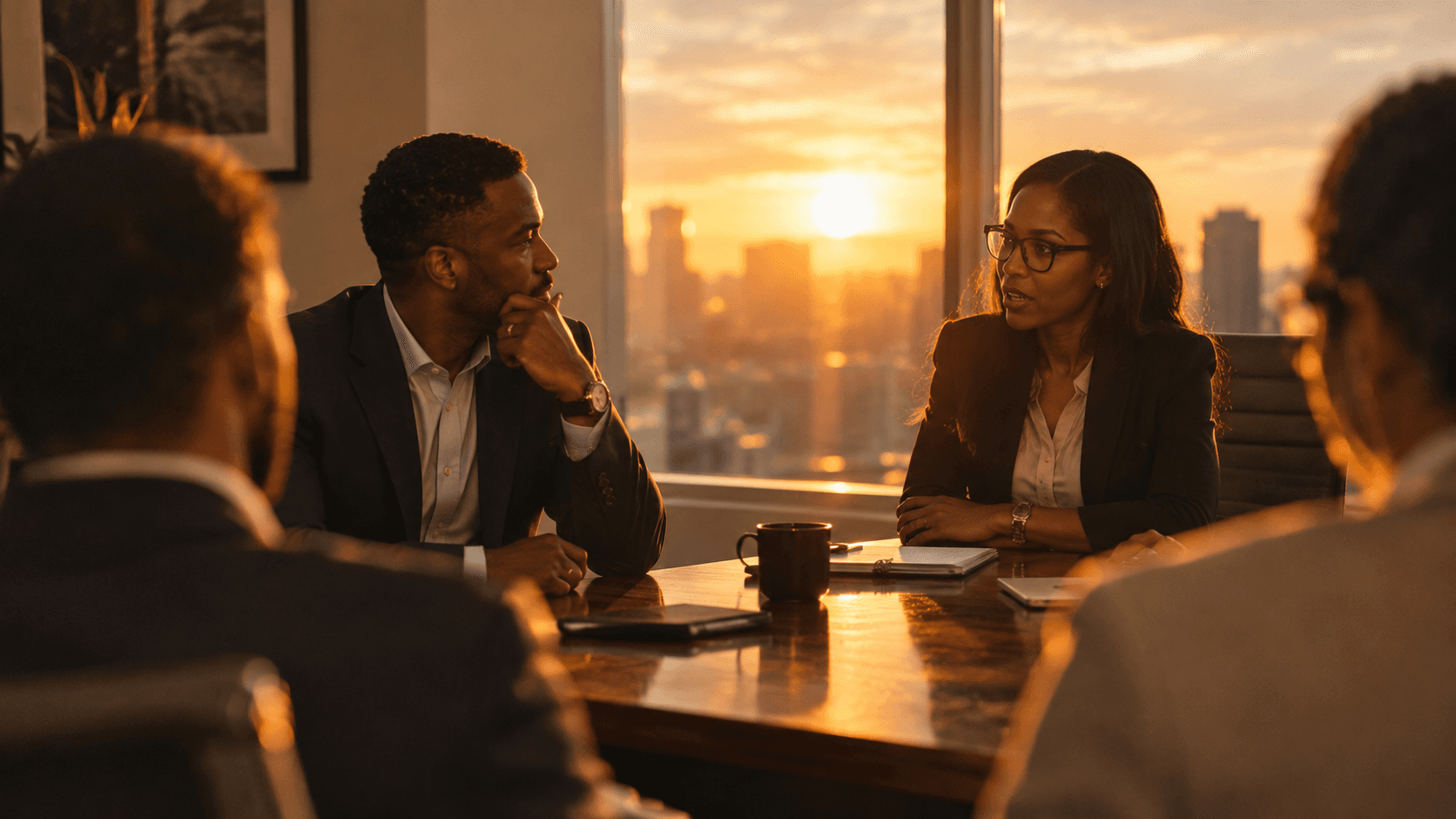 Corporate meeting between four people, three men and one woman