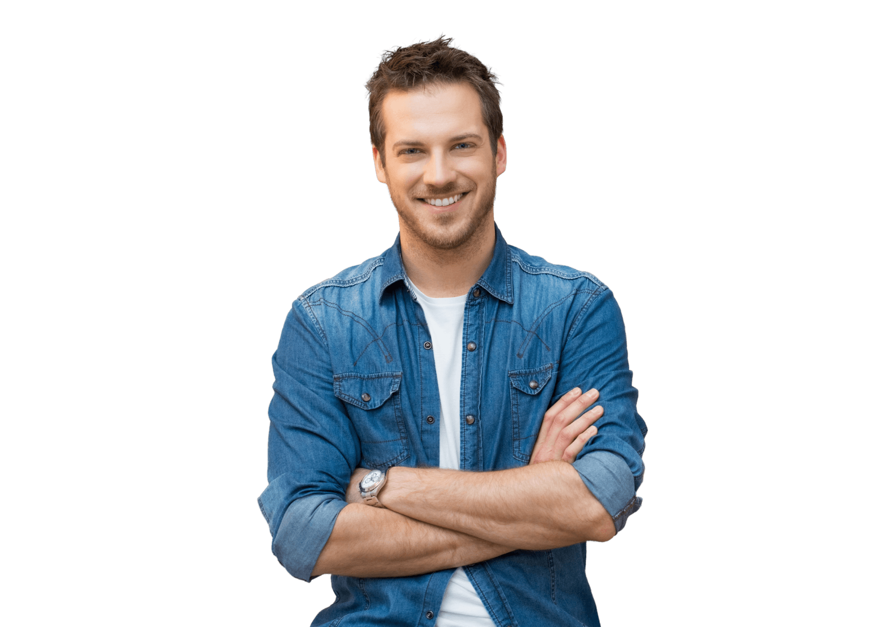 Happy woman in a green sweater holding a phone and looking up