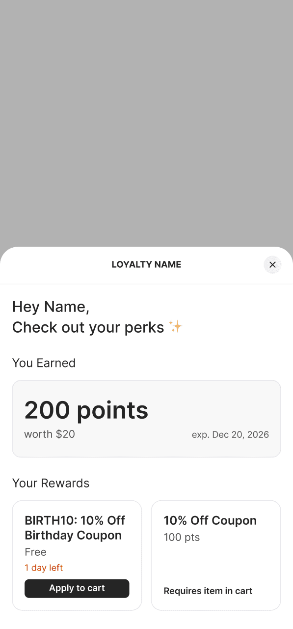 mobile UI showing the loyalty widget state with min spending restriction