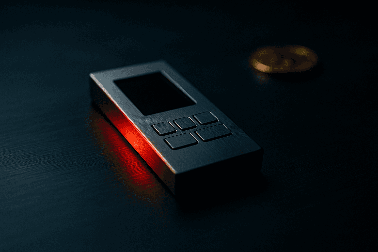 Hardware-Wallet mit rotem Warnlicht neben unscharfer Bitcoin-Münze, Symbolbild zum Coldcard-Hack