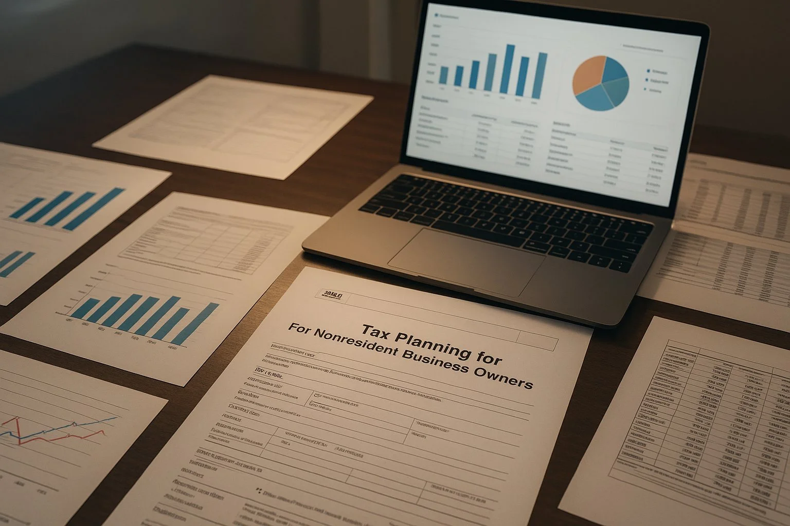 Professional office desk with documents, charts, and spreadsheets, a laptop showing a financial dashboard, and organized tax forms, illustrating complex tax planning for nonresident business owners.