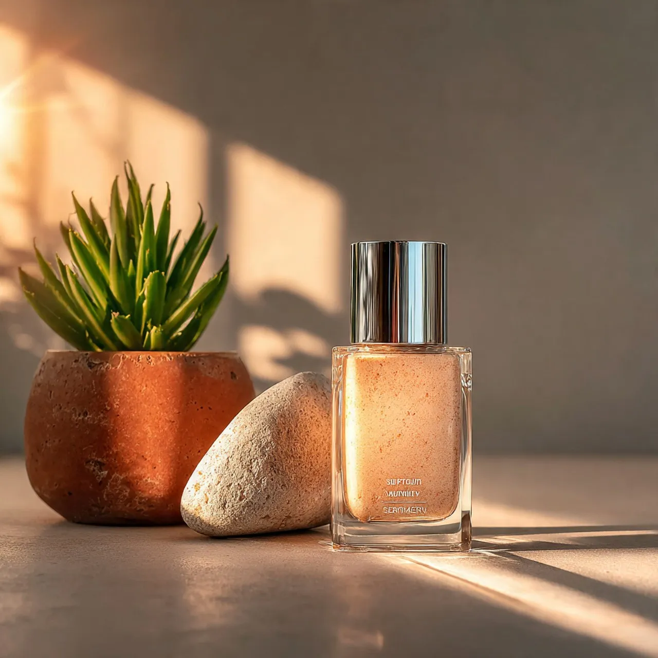 A perfume bottle with a metallic cap is bathed in warm sunlight. It's beside a terracotta pot with a succulent and a smooth stone, casting soft shadows. Calm, natural ambiance.
