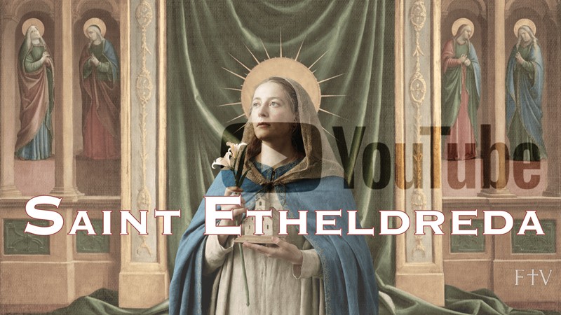 Sacred artwork by Faith and Verse. © Faith and Verse, 2025. All rights reserved. Traditional Catholic art—portrait of Saint Etheldreda, holding a white lily and a miniature of the Abbey of Ely, shown before a frescoed wall of saints with a green draped cloth behind her, veiled YouTube play marker blended softly into the composition.