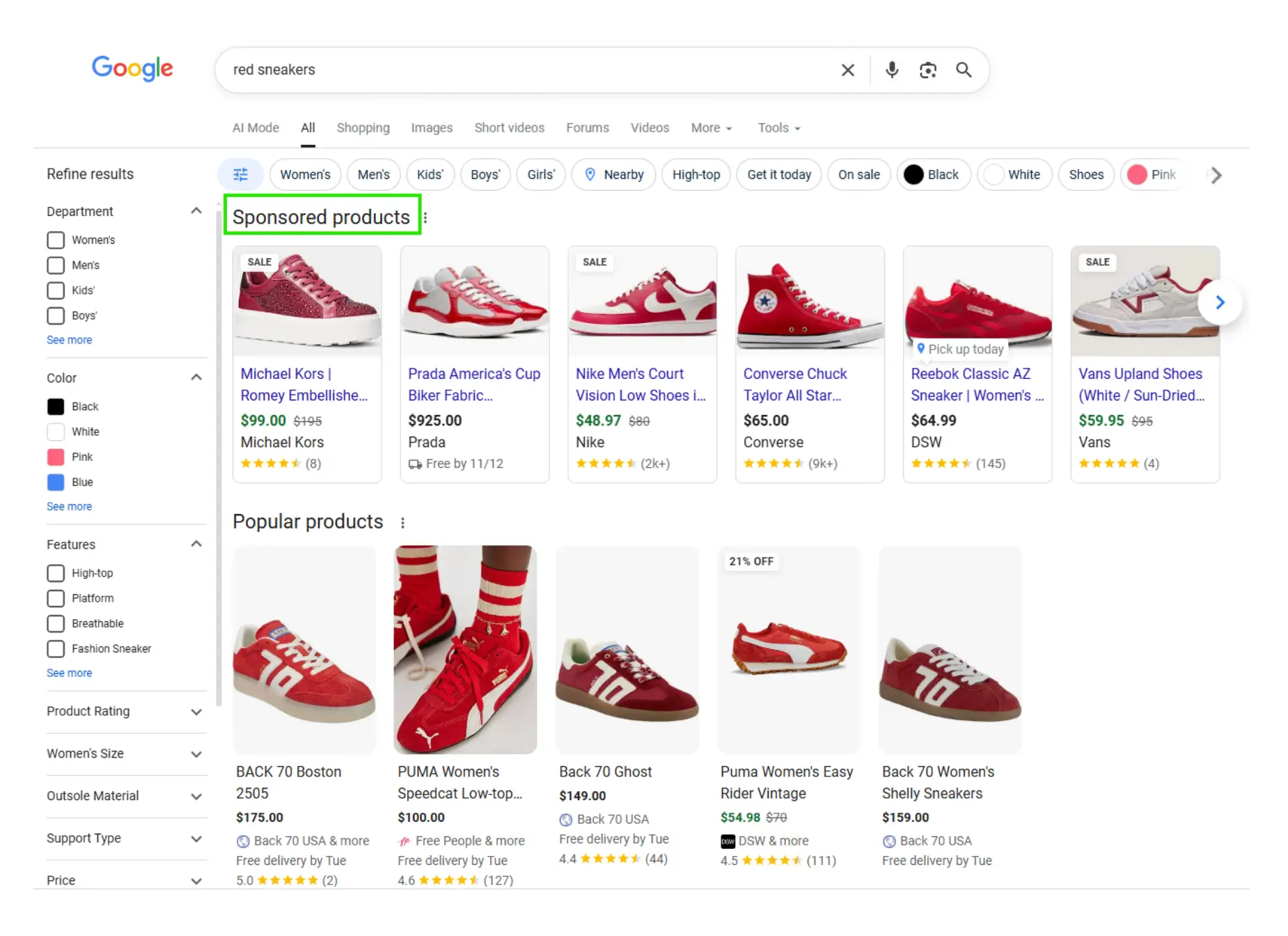 Sponsored shopping ads showing red sneakers