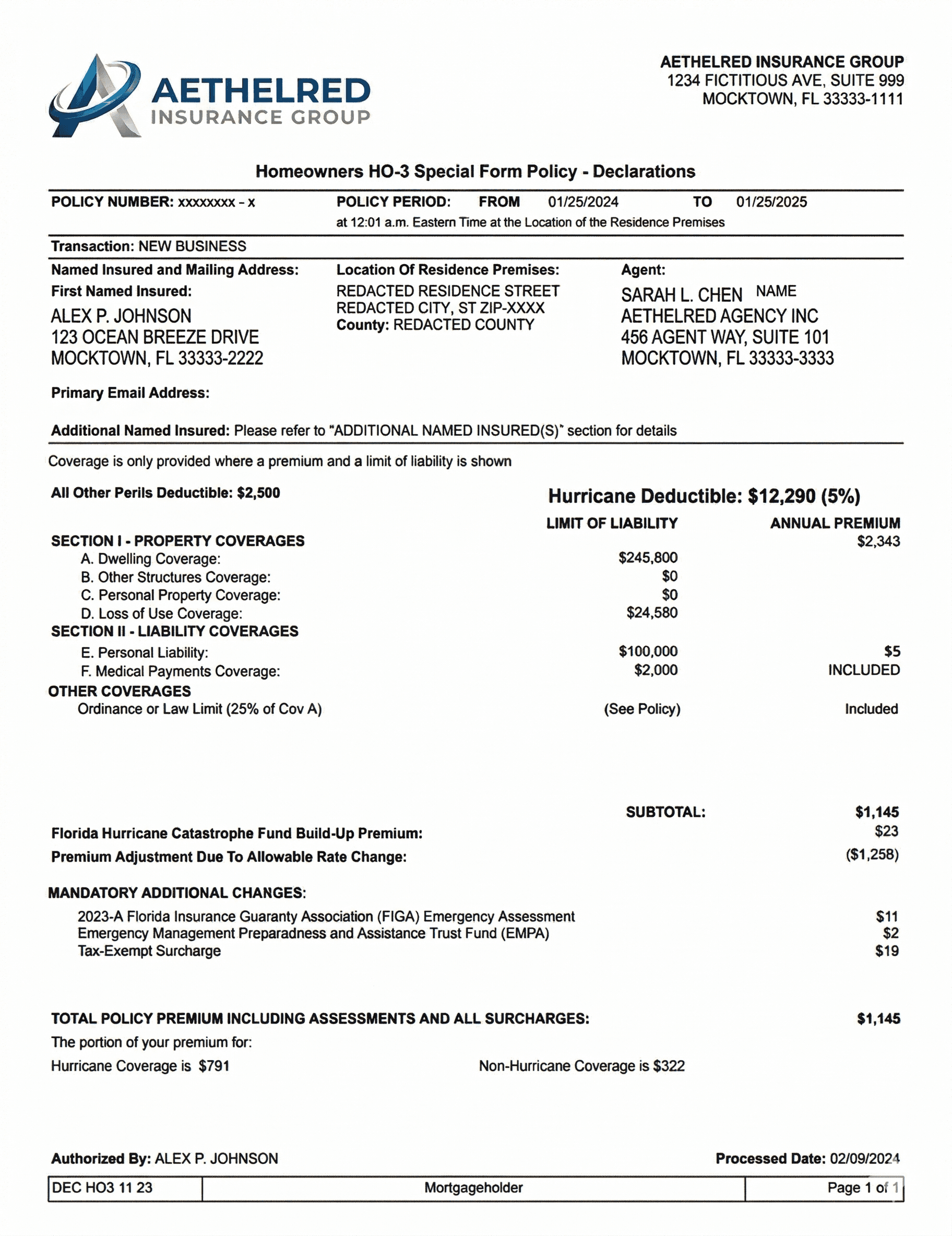 Homeowners HO-3 Special Form Policy Declaration