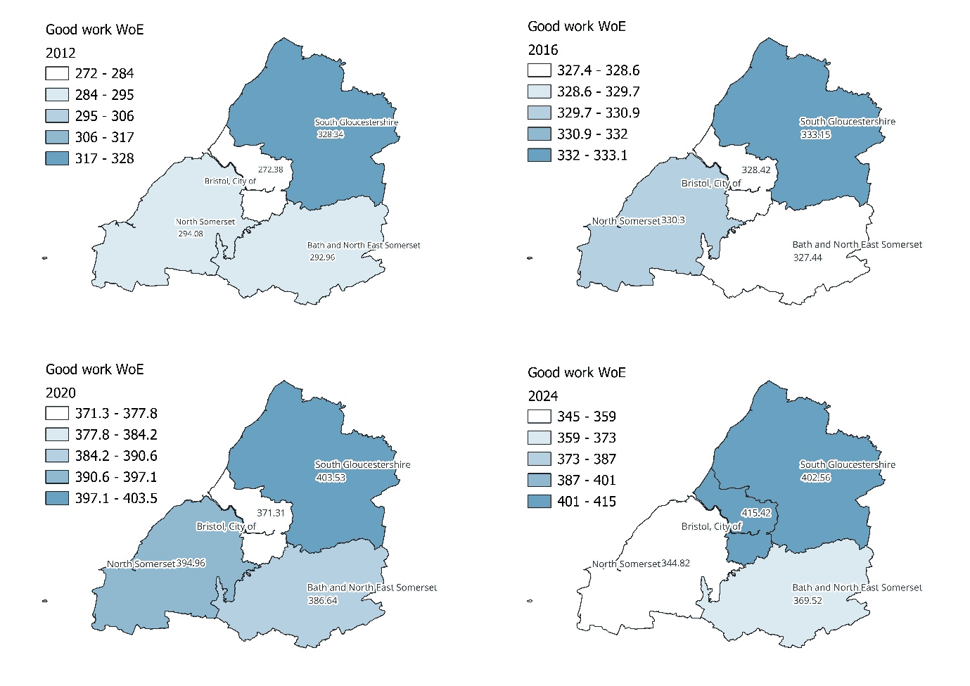 Four maps of the West of England showing good work scores by local authority between 2012 and 2024. South Gloucestershire consistently performs well, with Bristol improving steadily and surpassing South Gloucestershire by 2024. Bath and North East Somerset shows fluctuating midrange performance. North Somerset declines by 2024, becoming the lowest scoring area.